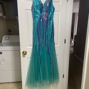NWOT | Teal Sequined Mermaid Gown with Purple Accents